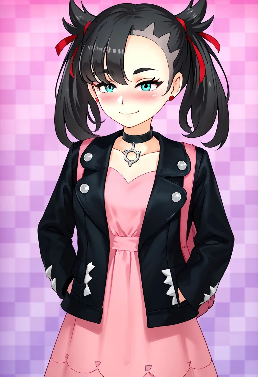 score_4,score_5,score_6,score_7_up,score_8_up,score_9 ((masterpiece,best quality,ultra detailed,highres,HD,4k:1.2)), 
1 girl,solo,face focus,
pokemonmarnie, aqua eyes, asymmetrical bangs, asymmetrical hair, black hair, hair ribbon, long hair, red ribbon, ribbon, twintails,
backpack, bag, black choker, black jacket, choker, dress, earrings, jacket, jewelry, long sleeves, open clothes, pink bag, pink dress,
smile,blush,Put your fingers on your mouth, put both fingers on the corners of your mouth, stretch the corners of your mouth with your fingers,