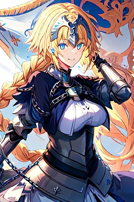 solo, 1girl, solo_focus,
jeanne_d_arc_fgo, blonde_hair, long_hair, blue_eyes, breasts, very_long_hair, headpiece, smile, braid, gauntlets, single_braid, large_breasts, bangs, chain