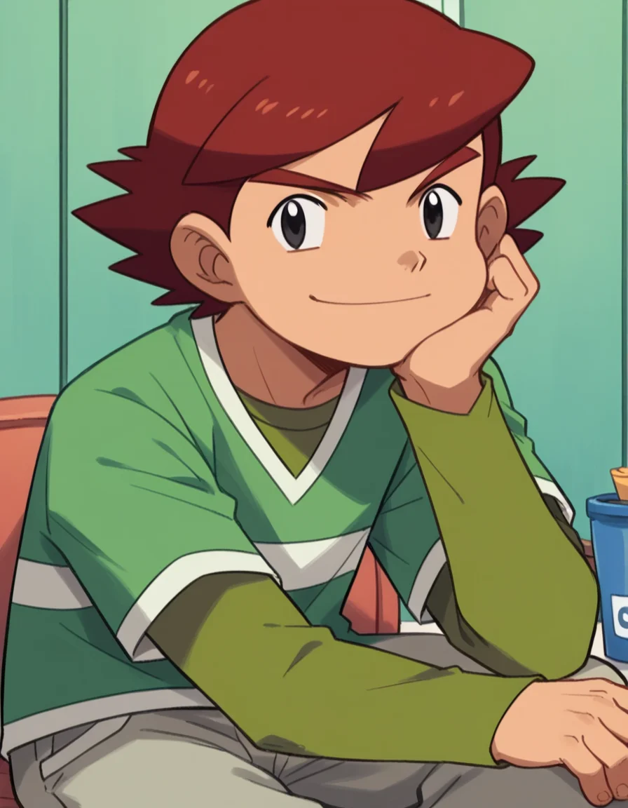 score_9, score_8_up, score_7_up, source_anime,
<lora:pokemon-kenny-anime-ponyxl-lora-nochekaiser:1>, kenny, short hair, bangs, red hair, male focus, black eyes,
shirt, long sleeves, short sleeves, pants, green shirt, grey pants,
indoors, sitting, head rest, smile,
looking at viewer, cowboy shot, dutch angle, solo,