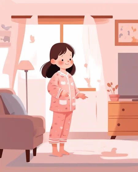 <lora:children huiben11-20231007-000006:0.75>,children's picture books,crayon paintings,blush,white background,simple background,A little girl, wearing pajamas, standing in the living room