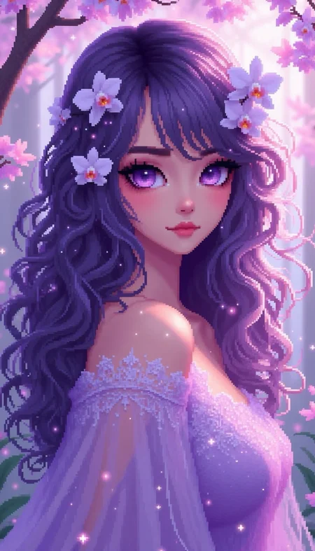 pinkpixelicious,
A serene woman with luminous alabaster skin and piercing amethyst eyes. Her hair is an intricate cascade of deep violet and soft lilac, accented by delicate white orchids. She wears a sheer lavender gown that shimmers faintly. The background reveals a misty orchid grove, bathed in the gentle glow of twilight.