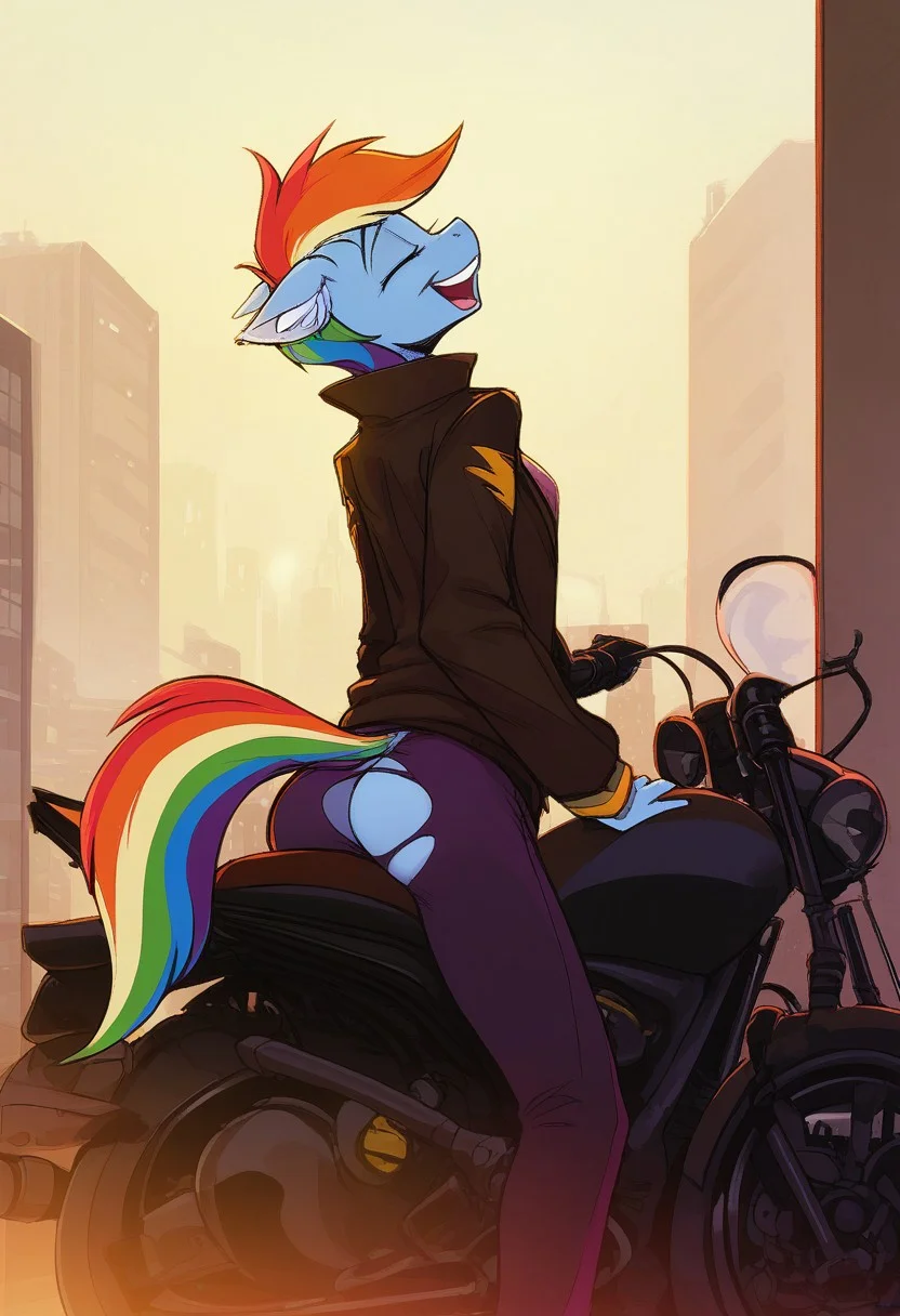 score_9, best quality, masterpiece, source_anime, Rainbow Dash, 1gril, solo, anthro, teasing smile, butt, eyes closet, floppy ears, mare, smiling, free tail, teasing mouth, cyberpunk, neon, mechanical arm, riding a motorcycle, laughing, masterpiece, detailed soft lighting, ear fluff, city background, jacket, pants, torn clothes
