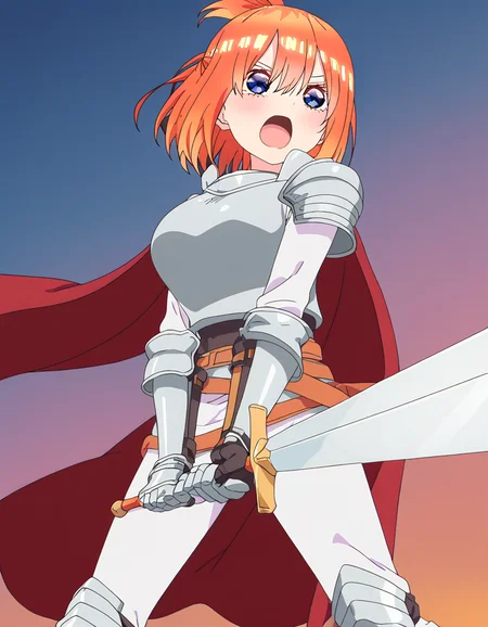 masterpiece, best quality, newest, absurdres, highres, safe,, <lora:yotsuba-nakano-honeymoon-ponyxl-lora-nochekaiser:1>, yotsuba nakano, short hair, bangs, blue eyes, hair between eyes, orange hair, eyebrows hidden by hair, half updo, large breasts, anime screencap, <lora:sunrise-stance-illustriousxl-lora-nochekaiser:1>, sunrise stance, weapon, sword, solo, open mouth, holding weapon, holding, holding sword, <lora:knight-ponyxl-lora-nochekaiser:1>, knight, armor, cape, shoulder armor, gauntlets, helmet, pauldrons, red cape,, ,