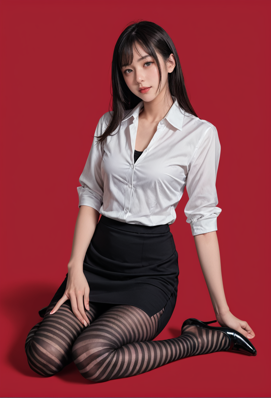 red background,1girl,solo,pencil skirt,white shirt,office lady,full body,
,ruanyi0760,striped pantyhose,pantyhose,<lora:0760 striped pantyhose_v1_pony:1>, score_9,score_8_up,score_7_up,,8k,1girl,solo,