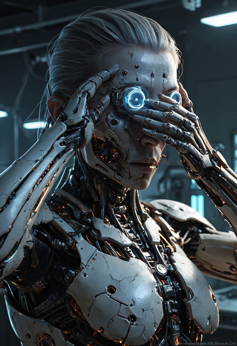 ((covering eyes, shy:1.25)), Cyberpunk, sci-fi, dark-fantasy, kodak portrait 400, 8k, soft light, volumetric lighting, highly detailed, britt marling style 3/4, portrait photo of a war man cyborg robot in a chemical laboratory + face, face is skullbone with scares, intricate, elegant, highly detailed, devil-armor, 2D motifs detailed dark fantasy digital painting, artstation, concept art, smooth, sharp focus, illustration, art by Otomo Katsuhiro and ShirA Masamune and Oshii Mamoru. Cosmic light in backfront, 