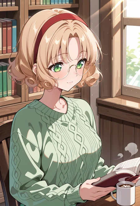 masterpiece, best quality, high quality, anime, solo, <lora:AEFuuillx:1>
AEFuuDef, green eyes, curly hair, light brown hair, parted bangs, short hair, glasses, rimless eyewear, round eyewear, red hairband,
green sweater, cable knit, library, reading, holding book, coffee mug, indoors, window, sitting, table, Sunlight, light rays, looking away, light smile, aran sweater,