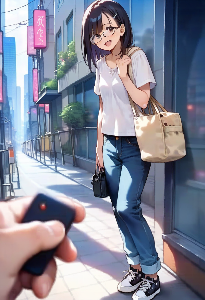 score_9, score_8_up, score_7_up, rating_safe, masterpiece, best quality, absurdres, unity 8k wallpaper, official art, official style, source_anime, uncensored, game cg, megami magazine,
1girl, solo, glasses, black hair, medium hair, medium breasts, casual style, jeans, t-shirts, sneakers, hoodies, simple accessories, comfortable clothing, bag, happy, laughing, looking at viewer,
remote controller, remote control, holding, pov, street, city lights, cityscape, lamppost,
<lora:remocon_PONY_V1:1>