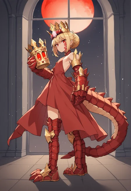 blonde hair, french braid, single hair bun, red eyes, facial mark, body markings, scales, red dress, dragon tail, mesugaki, flat chest, age regression, crown, armored legwear, dragon claw, crown, standing, houlding cup, golden cup, chalice, indoors, mansion, serious, looking at viewer, from side, window, night sky, red moon, eclipse <lora:Nero_Draco:1>, score_9, score_8_up, score_7_up, score_6_up, score_5_up, score_4_up, BREAK source_anime, masterpiece