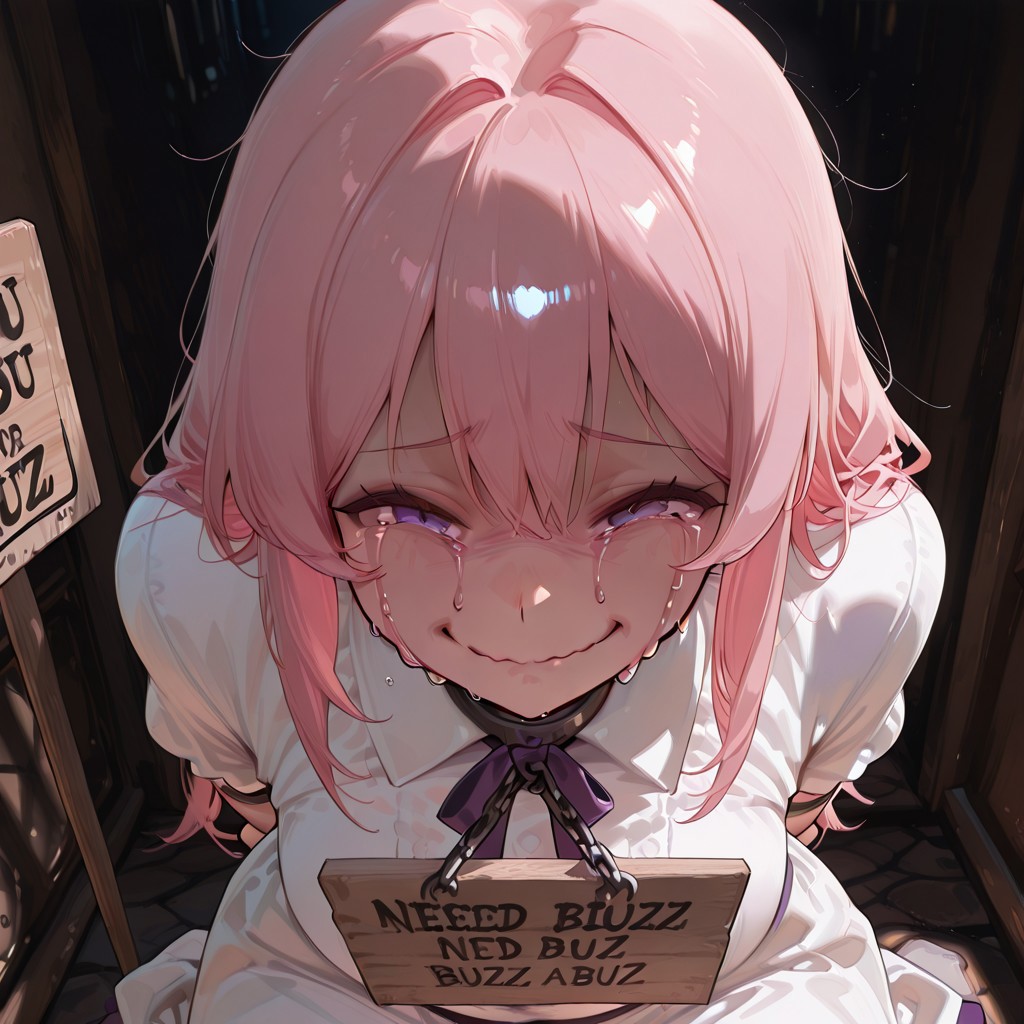 masterpiece, best quality, very aesthetic, absurdres, newest, detailed skin,
1girl,CivChan,purple eyes,pink hair, wearing oversize white shirts,looking at the viewer forced, chain, hands bound by chain, hands bound behind, defeated, victim, helpless, arms behind back, arms tied, bound, ((crying,tear,closed mouth,forced smiling face,)) sitting,
(((Holding sign "NEED BUZZ")))
detailed background, dark, concreate ground, basement, cellar,inside
