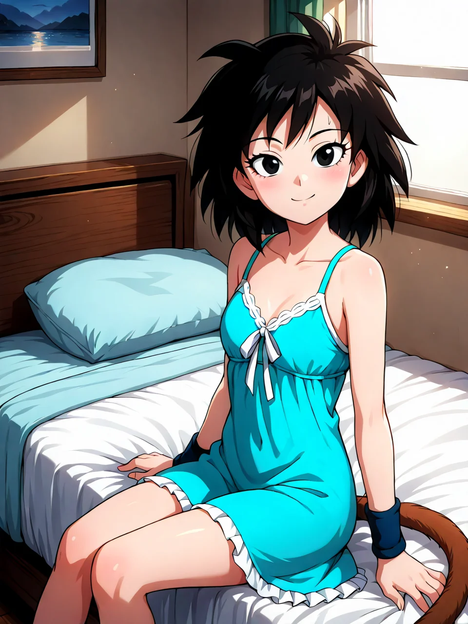 (masterpiece,best quality,newest,absurdres,highres), G1n3, 1girl, solo, black hair, black eyes, spiked hair, wristband, monkey tail, 1girl, sitting, bed, bedroom, morning light, soft shadows, negligee, relaxed pose, cozy, backlight, dreamy mood, window light, casual, intimate atmosphere, smile, looking at viewer <lora:Gine_IllustriousXL:0.8>