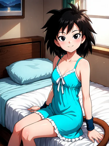 (masterpiece,best quality,newest,absurdres,highres), G1n3, 1girl, solo, black hair, black eyes, spiked hair, wristband, monkey tail, 1girl, sitting, bed, bedroom, morning light, soft shadows, negligee, relaxed pose, cozy, backlight, dreamy mood, window light, casual, intimate atmosphere, smile, looking at viewer <lora:Gine_IllustriousXL:0.8>