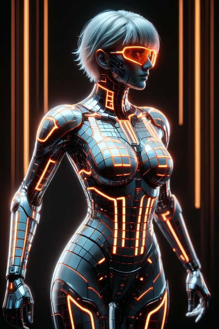 sci fi character with cybernetic mecha implants in the style of a code vein character made of mad-dscbll, neon_orange glowing outline, cyberspace grid in background, sparkle, dynamic dramatic lighting, bokeh, dynamic camera angle, dynamic pose<lora:Disco_Style_SDXL:0.9>  <lora:Neon_Cyberpunk_SDXL_Cyberspace:0.6> mad-cyberspace, cyberpunk, scifi, 1980s, retro <lora:aesthetic:1> aesthetic, masterpiece, best quality, ultra high res, (photorealistic, realistic:1.2), deep shadow, raw photo, film grain, Fujifilm XT3, 8k uhd, dslr