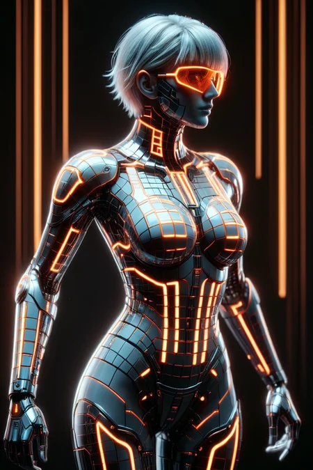 sci fi character with cybernetic mecha implants in the style of a code vein character made of mad-dscbll, neon_orange glowing outline, cyberspace grid in background, sparkle, dynamic dramatic lighting, bokeh, dynamic camera angle, dynamic pose<lora:Disco_Style_SDXL:0.9>  <lora:Neon_Cyberpunk_SDXL_Cyberspace:0.6> mad-cyberspace, cyberpunk, scifi, 1980s, retro <lora:aesthetic:1> aesthetic, masterpiece, best quality, ultra high res, (photorealistic, realistic:1.2), deep shadow, raw photo, film grain, Fujifilm XT3, 8k uhd, dslr