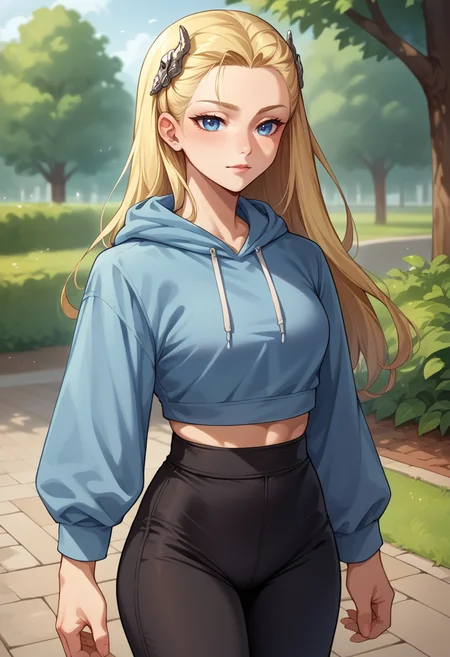 score_9, score_8_up, score_7_up, source_anime, 1girl, solo, louisasmtj, long hair, blonde hair, blue eyes, hairclip, outdoors, park, blue hoodie, high-waist pants, yoga pants, black pants, light blush, <lora:zs_LouisaXL:1>