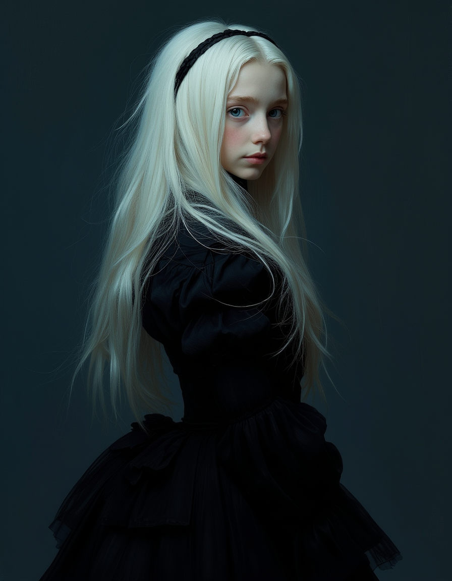 lighting, brush strokes, emotional, harmonious, vignette, 4k epic detailed, shot on kodak, 35mm photo, sharp focus, high budget, cinemascope, moody, epic, gorgeous, film grain, grainy, Minimalist painting of an albino young teen princess by Albert Lynch, Abbott Handerson Thayer, highly detail, best quality, black Victorian dress, tightly corseted, bustled, hooped, dynamic pose, petite body, skinny, dark blue outline, innocent, serene, white skin, pale skin, blue eyes, long flowing white hair, ultra detailed, romantic, Rembrandt lighting, brush strokes, warm light, magic, extremely coherent, cute, beautiful, cinematic, stunning, creative, positive, cheerful, unique, cool, inspiring, pure, rational, very inspirational, friendly, thought, glowing, magical, perfect, intricate, wonderful, lovely, del1cate_balance style, in the style of Rembrandt. vantablack <lora:style_of_Rembrandt_FLUX_135:.8> <lora:- Flux1 - vanta_black_V2.0:.8>  <lora:Delicate_Balance:.3> <lora:neeeg_f1:-.5>