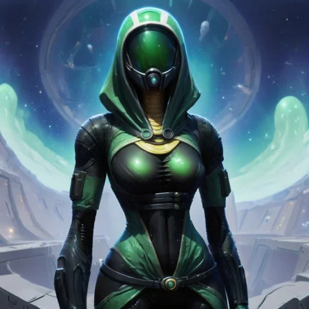 Tali Zorah in jade colored armor, helmet visor is a translucent green, space station background