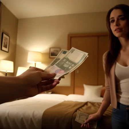 Create a realistic image of a hand extending numerous banknotes to a woman, set in a hotel room. The focus is on the exchange, capturing the details of the banknotes and the woman's reaction. The room's interior should reflect a typical hotel setting, with emphasis on the intimate and private atmosphere. The lighting should subtly highlight the transaction, adding depth and realism to the scene.,<lora:cashbaba:0.75>