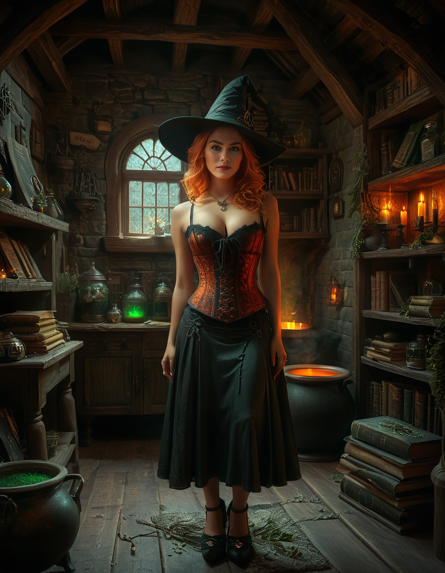<lora:w1tch_h0us3:1>,A mysterious witch standing confidently in her witch house,w1tch h0us3, wearing a red corset adorned with intricate lace details, a long flowing black skirt with subtle gothic patterns, and a classic pointed witch hat tilted slightly to the side. She has a piercing gaze and a mischievous smirk, exuding an aura of power and mystique. The witch house is dimly lit with flickering candles, glowing potions on wooden shelves, and a cauldron bubbling with green smoke in the corner. The walls are lined with old books, strange herbs hanging from the ceiling, and enchanted trinkets scattered around. The atmosphere is dark and moody, with warm orange and green lighting highlighting the scene.<lora:SDXLFaeTastic2400:0.4> <lora:extremely_detailed:0.4> extremely detailed, Masterpiece,best quality,hi res,8k,hi res,8k,award winning,(sharp focus, intricate, highly detailed),