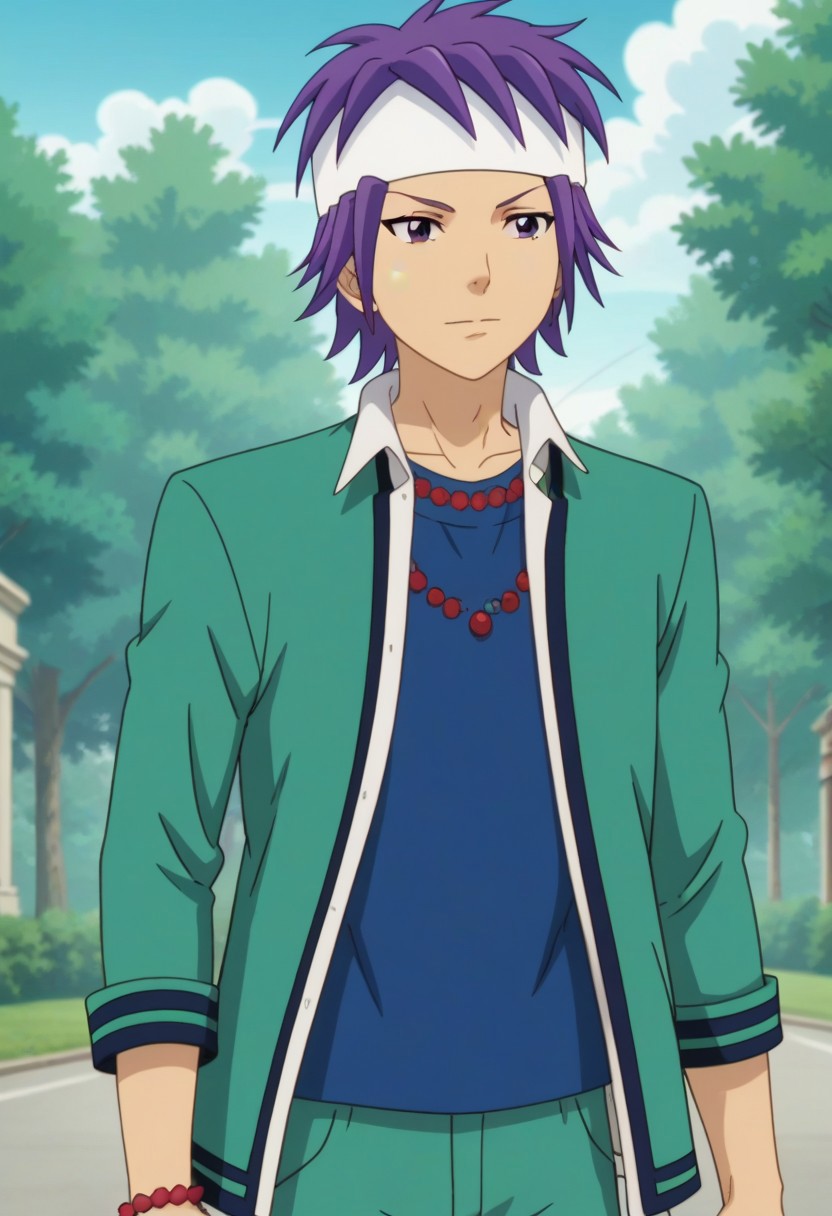 ((masterpiece)), ((best quality)), ((ultra-detailed)), score_9_up, score_8_up, score_7_up,
HD, top quality, best quality, High-quality illustrations, anime screencap, Reita Toritsuka, purple hair, purple eyes, white headband