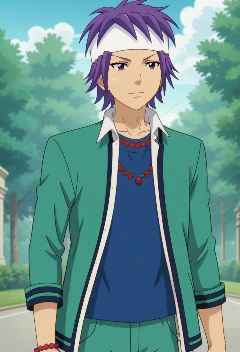 ((masterpiece)), ((best quality)), ((ultra-detailed)), score_9_up, score_8_up, score_7_up,
HD, top quality, best quality, High-quality illustrations, anime screencap, Reita Toritsuka, purple hair, purple eyes, white headband
