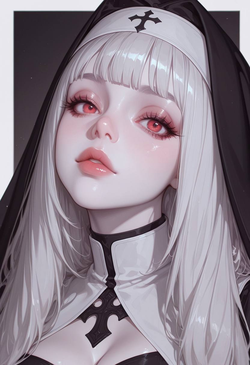 masterpiece, best quality, good quality, very aesthetic, absurdres, newest, 8K, depth of field, dynamic sexy pose, solo, alone,
1girl, nun oni girl, pale white skin, red eyes,coloured skin, blunt bangs, eyelashes, full lips, Pale skin, makeup, nose, mascara, realistic, Cinematic Lighting, portrait,border,cleavage