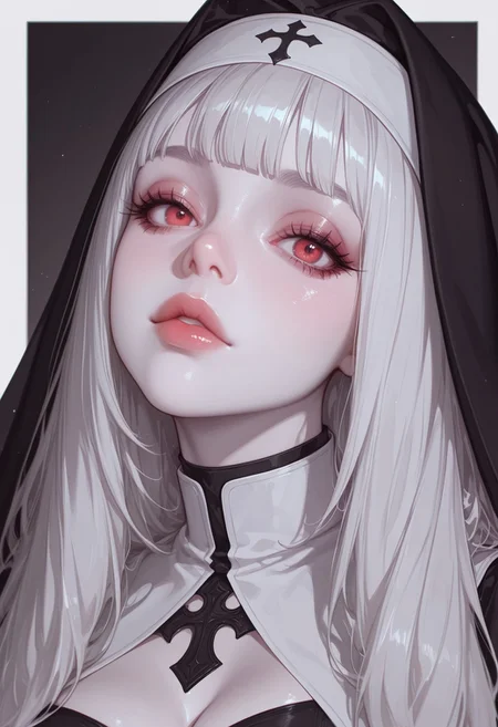 masterpiece, best quality, good quality, very aesthetic, absurdres, newest, 8K, depth of field, dynamic sexy pose, solo, alone,
1girl, nun oni girl, pale white skin, red eyes,coloured skin, blunt bangs, eyelashes, full lips, Pale skin, makeup, nose, mascara, realistic, Cinematic Lighting, portrait,border,cleavage