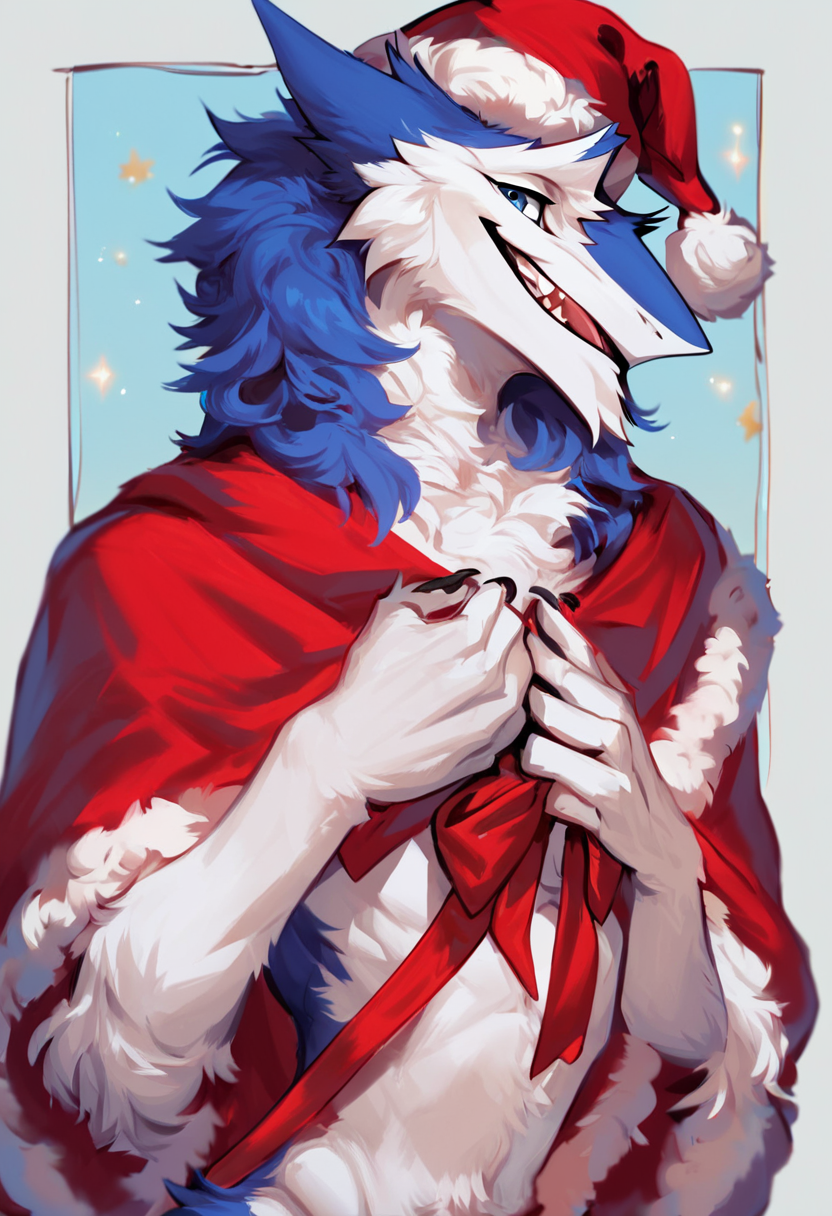 score_9, score_8_up, score_7_up, high res, best quality, furry, solo, male, sergal, santa hat, looking at viewer, happy, fluffy_new_year, merry_furistmas, <lora:Fluffy_New_Year__Merry_Furistmas:1>