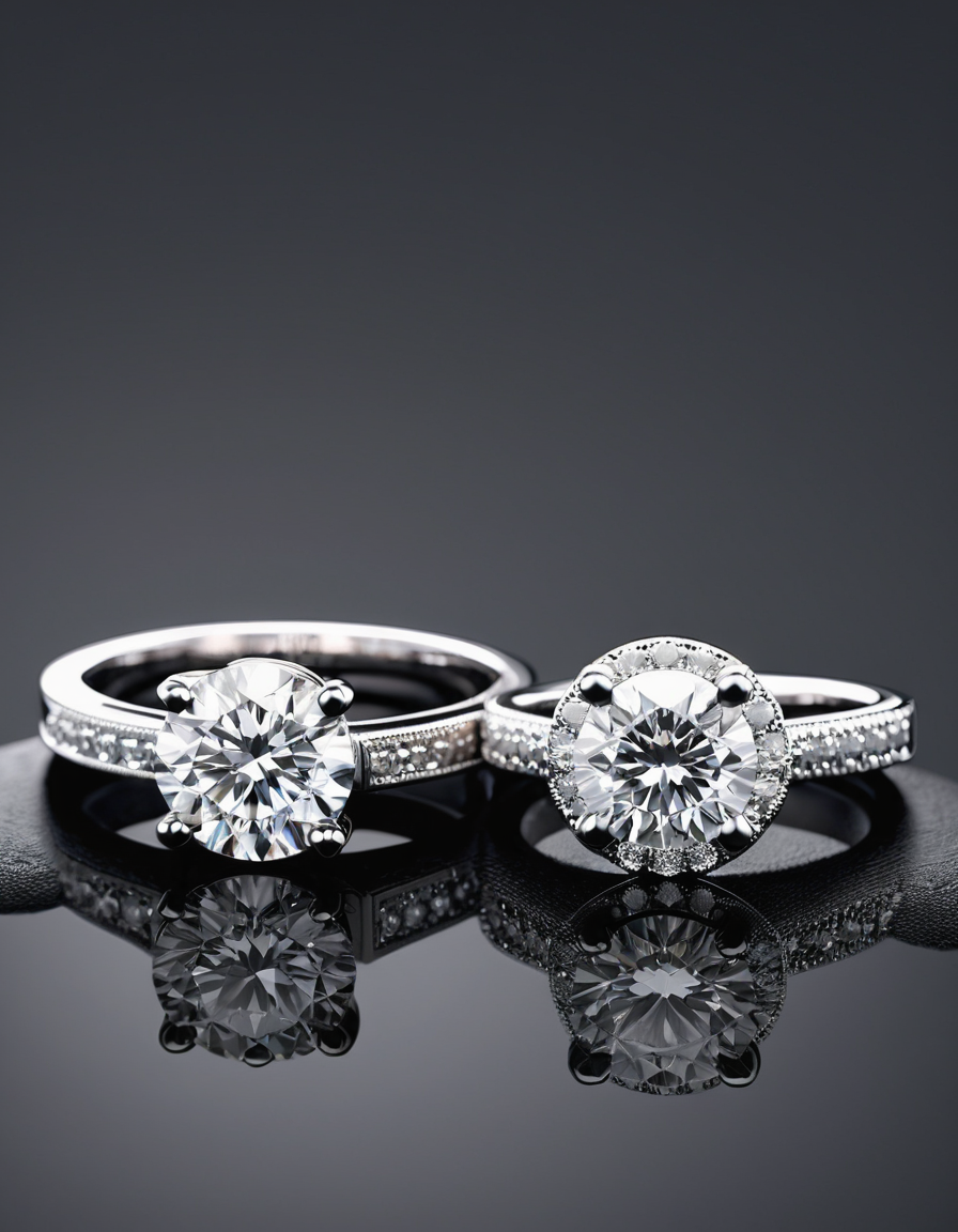 three elegant diamond engagement rings displayed on a dark, reflective surface, 3d render, photorealistic detail, brilliant cuts, round and princess shapes, solitaire settings, one adorned with small diamonds on the band, clean, minimalist design, high-quality craftsmanship, inspired by luxury jeweler designs, masterpiece,