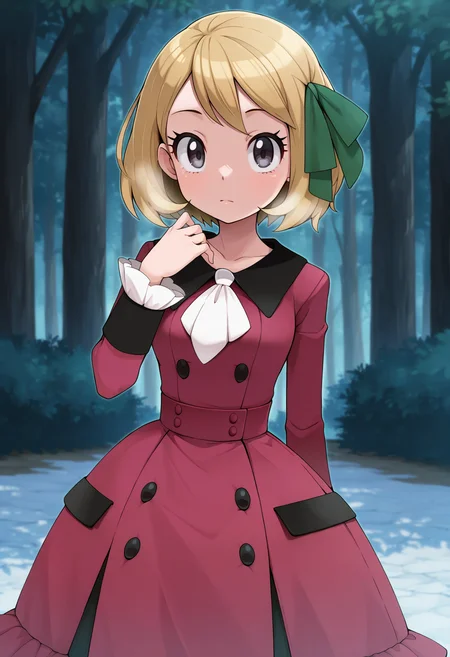 masterpiece,best quality,amazing quality,
1girl, solo, blonde hair, ribbon, hair ribbon, white ascot, serena (pokemon), short hair, buttons, long sleeves, closed mouth, ascot, hand up, bangs, official alternate costume, hair ornament, eyelashes, dress, looking at viewer, green ribbon,
 <lora:Tamagoro_epoch_8:1>