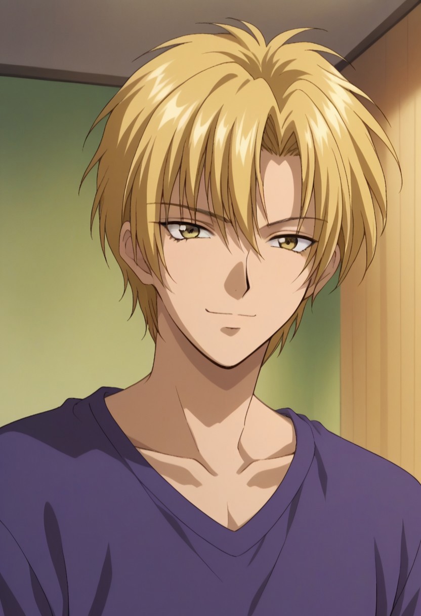 score_9, score_8_up, score_7_up, source_anime, highly detailed, 
eiriyuki, solo, 1boy, male focus, blonde hair, upper body, 
collarbone, yellow eyes, shirt, purple shirt, indoor, house, japan, soft smile