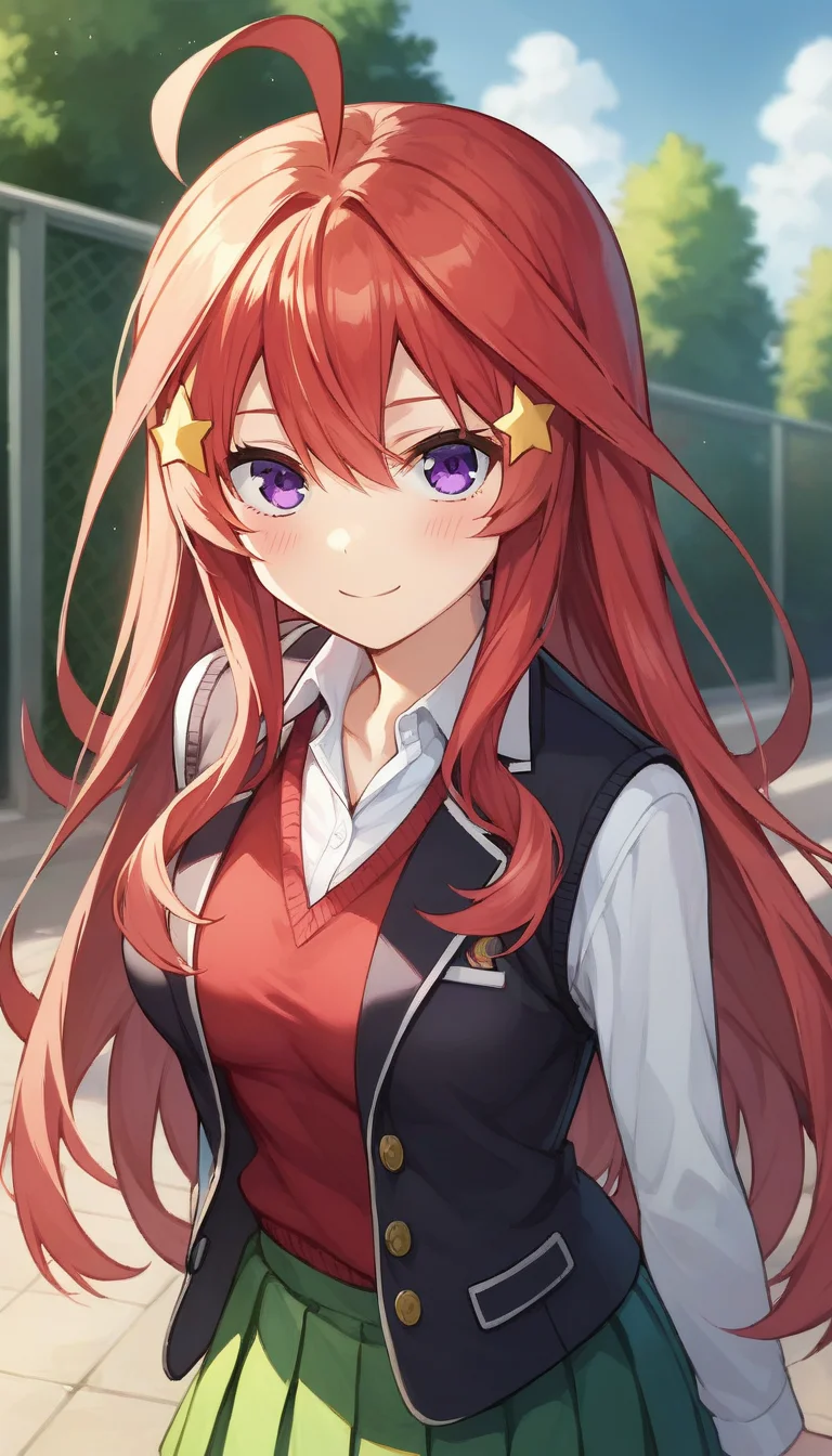 score_9,score_8_up,score_7_up,score_6_up BREAK official art,solo,outdoors,upper body,(portrait:1.5),looking at viewer,facing viewer,smile,blush,Nakano Itsuki,ahoge,very long hair,red hair,shiny hair,star hair ornament,sidelocks,hair between eyes,bangs,eyebrows hidden by hair,purple eyes,school uniform,black jacket,blazer,wing collar,open jacket,sweater vest,red sweater,white shirt,collared shirt,long sleeves,medium breasts,green skirt,pleated skirt,black socks,loafers,<lora:Nakano Itsuki(tqq)-Pony:1.4>,