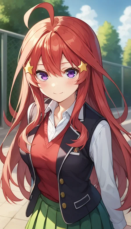 score_9,score_8_up,score_7_up,score_6_up BREAK official art,solo,outdoors,upper body,(portrait:1.5),looking at viewer,facing viewer,smile,blush,Nakano Itsuki,ahoge,very long hair,red hair,shiny hair,star hair ornament,sidelocks,hair between eyes,bangs,eyebrows hidden by hair,purple eyes,school uniform,black jacket,blazer,wing collar,open jacket,sweater vest,red sweater,white shirt,collared shirt,long sleeves,medium breasts,green skirt,pleated skirt,black socks,loafers,<lora:Nakano Itsuki(tqq)-Pony:1.4>,