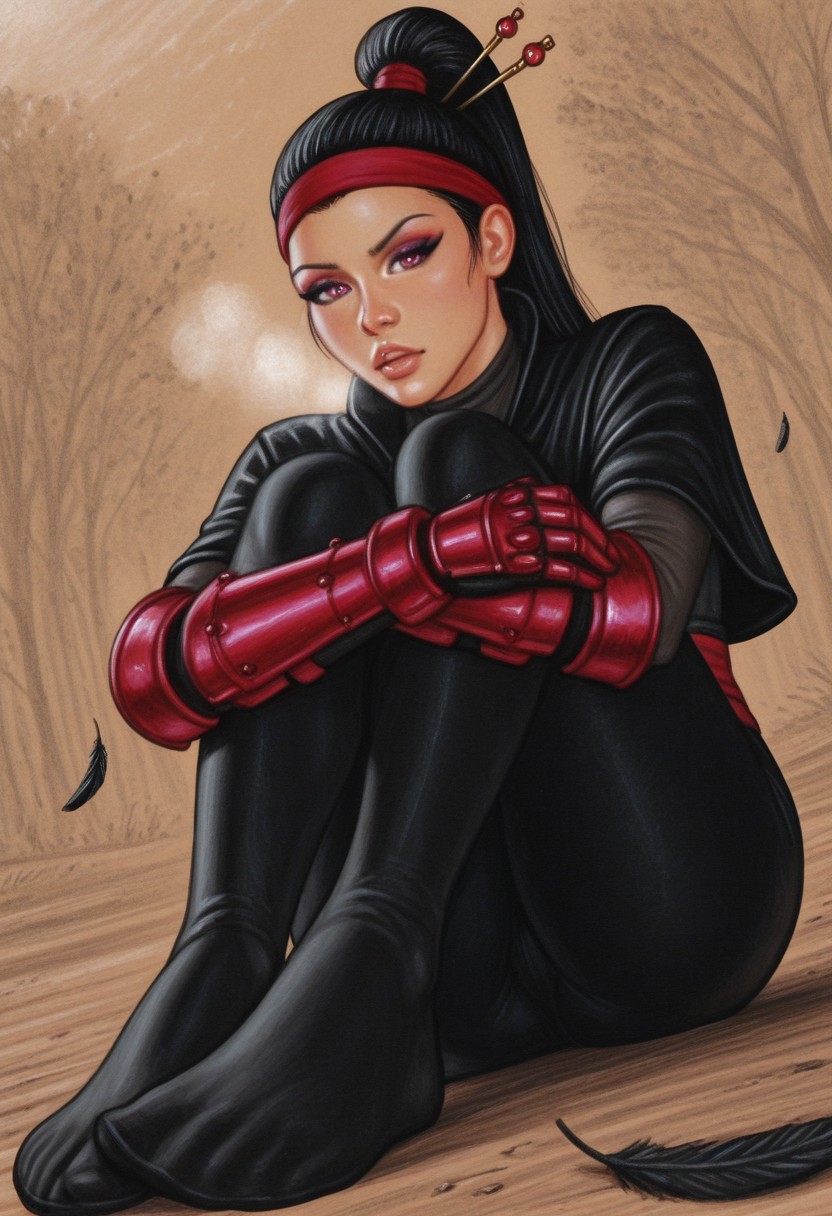 edithemad,  outdoors, undershirt, falling feathers, black bodysuit, hair stick, hugging own legs, , gauntlets,   eyeshadow,   red gloves,  high ponytail,  , black capelet, red hairband, pink eyes, 1girl, solo, feet, visible breath,   dynamic angle, foreshortening, smell, steam,