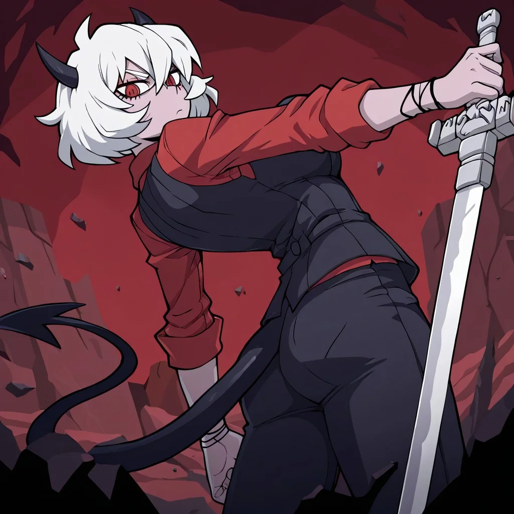 masterpiece, best quality, newest, absurdres, highres, DPWSV1.0, dynamic pose, holding sword, holding, holding weapon, weapon, sword,
1girl, malina (helltaker), demon girl, short hair, white hair, horns, demon tail,