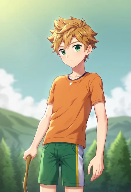 connor, blond hair, bangs. green eyes, short hair, camp buddy, boy, wear orange shirt, solo, young man, small body, white half pants, outdoor, sunny day, clear sky, proportional body, (balance body:1.20), strong leg