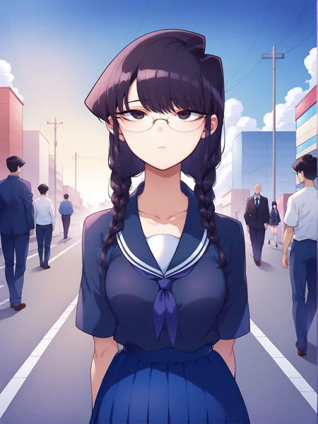 score_7_up, score_6_up, 1girl, yoshida saki, black hair, black eyes, glasses, hair between eyes, frown, empty eyes, outdoors, twin braids, medium breasts, looking up, <lora:komi_shouko_pony_ver1:0.7>, komi_shouko, school uniform, black serafuku, standing at attention, expressionless, head on, waist up, <lora:shindou-Style-PonyXL>, sidewalk, street, morning, hair strands, faceless, crowd, depth of field, <lora:add-detail-xl:2>, blue sky, skyline, tokyo \(city\), cloud,