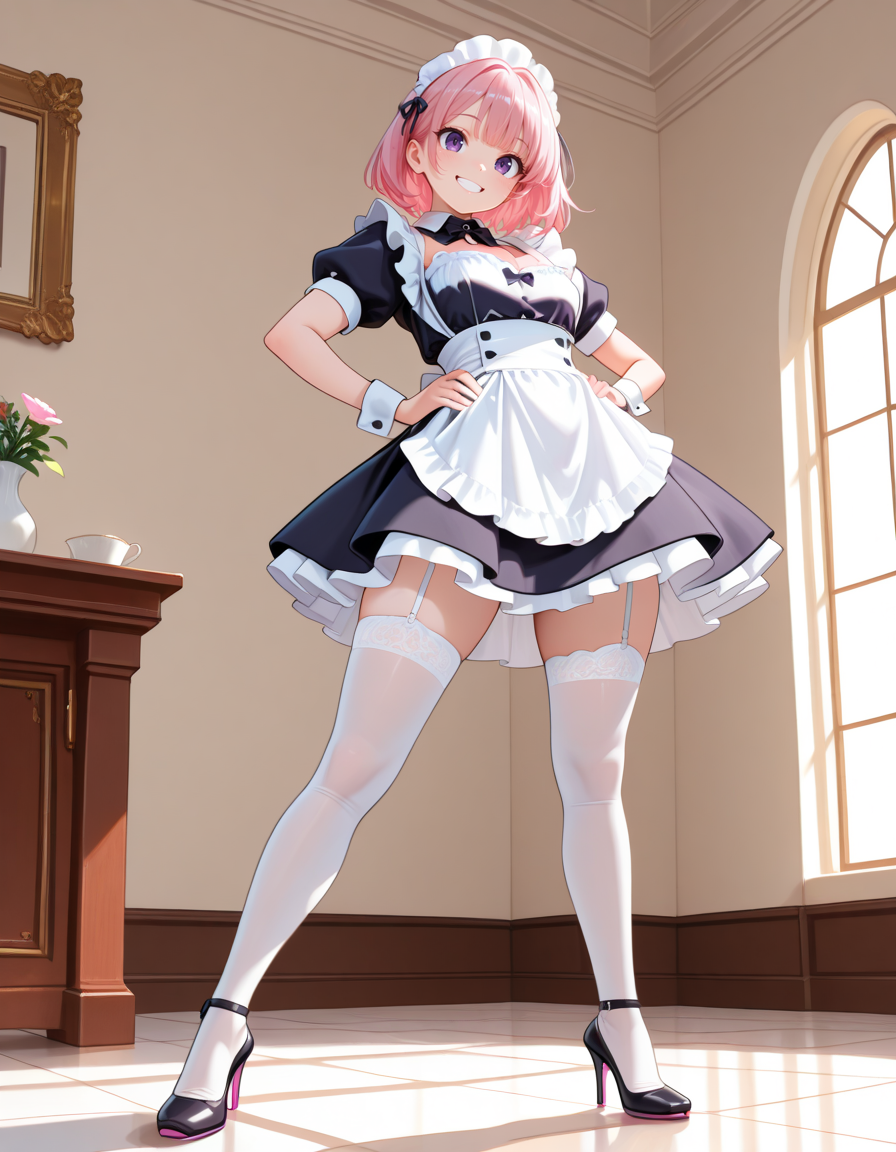 masterpiece, best quality, very aesthetic, absurdres,
indoors,
full body, standing, white thighhighs, garter straps, high heels, 
spread legs, hands on own hips, 
smile, happy, 
<lora:CivChan_v01_NAIXL:1>
CivChan,1girl,solo,maid,pink hair, short hair, bangs, purple eyes,