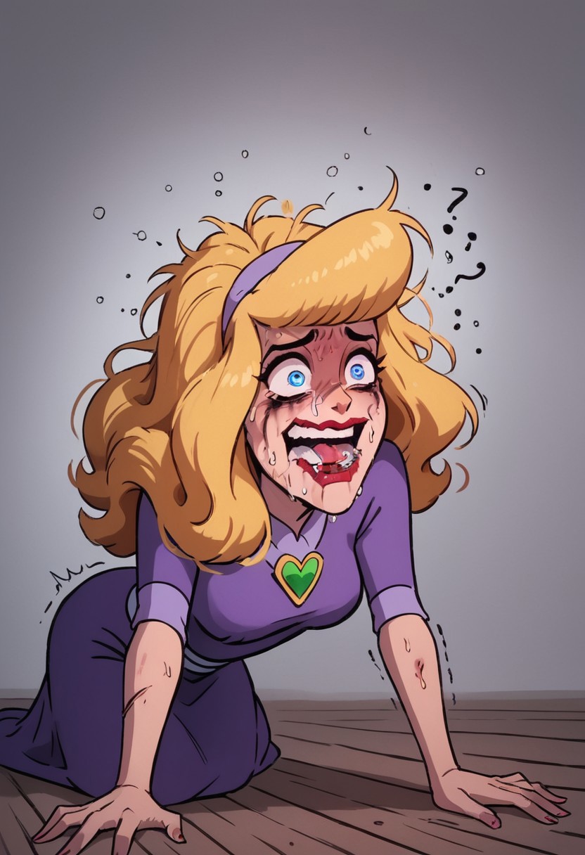 score_9, score_8_up, score_7_up, score_6_up, score_5_up,daphne, daphne blake,1girl,licking floor, licking, hysterics, hysterical laugh, crazy, mad, on her fours, profile, on profile, middle breasts, seeing stars, dizzy eyes,confused, sny, blue eyes, orange long hair, one eye higher than another, twisted mouth, messed hair, messy hair, destroyed face, destroyed body, awful skin face,  long hair, makeup, lipstick, young, skinny, narrow waist, fragile, sexy, perfect body,dynamic pose, posing,  wounds, hit herself,  selfharm, self harm, wounds on face, wounds on body, extreme amount of wounds, wounds everywhere, tired, tired af, extremely tired, tired eyes, huge amount of tireness, absolutely tired, wants to die, almost die, eternally tired, pain, feeling pain, feeling strong pain, powerless, extremely tired eyes, bags under eyes, shiners, stupid, dumb, extremely stupid, extremely dumb, no brain, brain damage, stupid blonde, extremely stupid blonde,  blue eyes, eye twitching, nervous eye twitching, extremely hard eye twitching, totally burnt hair, sexy, horny, scared, in love, extremely dirty dress, hardly beaten fifty times, confused, deeply humiliated face, depressed face