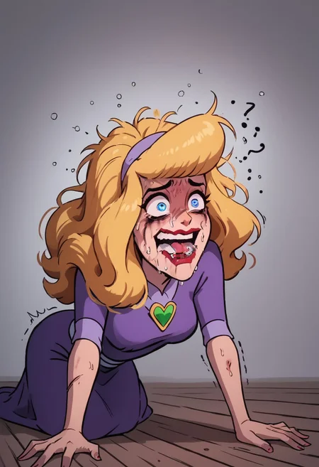 score_9, score_8_up, score_7_up, score_6_up, score_5_up,daphne, daphne blake,1girl,licking floor, licking, hysterics, hysterical laugh, crazy, mad, on her fours, profile, on profile, middle breasts, seeing stars, dizzy eyes,confused, sny, blue eyes, orange long hair, one eye higher than another, twisted mouth, messed hair, messy hair, destroyed face, destroyed body, awful skin face,  long hair, makeup, lipstick, young, skinny, narrow waist, fragile, sexy, perfect body,dynamic pose, posing,  wounds, hit herself,  selfharm, self harm, wounds on face, wounds on body, extreme amount of wounds, wounds everywhere, tired, tired af, extremely tired, tired eyes, huge amount of tireness, absolutely tired, wants to die, almost die, eternally tired, pain, feeling pain, feeling strong pain, powerless, extremely tired eyes, bags under eyes, shiners, stupid, dumb, extremely stupid, extremely dumb, no brain, brain damage, stupid blonde, extremely stupid blonde,  blue eyes, eye twitching, nervous eye twitching, extremely hard eye twitching, totally burnt hair, sexy, horny, scared, in love, extremely dirty dress, hardly beaten fifty times, confused, deeply humiliated face, depressed face