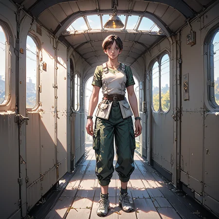 score_9, score_8_up, score_7_up, best quality, masterpiece, source_anime,  BREAK
in train, night
<lora:rebecca_r2:1>rebecca, brown hair short hair,  rebeccastars, white vest, green pants
Full body, <lora:add-detail-xl:1> <lora:detail_eyes:0.5>