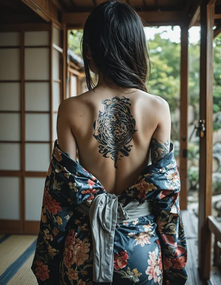 1girl,  girl, black long hair, kimono,  back exposed. small chest, detailed yakuza tattoo on back, in a japanese garden, <lora:EldritchCandids1.1.2:0.4> <lora:real_dream_pony_realistic_lora_3:0.4> <lora:MJ52:0.3> <lora:FF.101.juggernautXL_version6Rundiffusion.LORA:0.4> <lora:JuggerCineXL2:0.3>