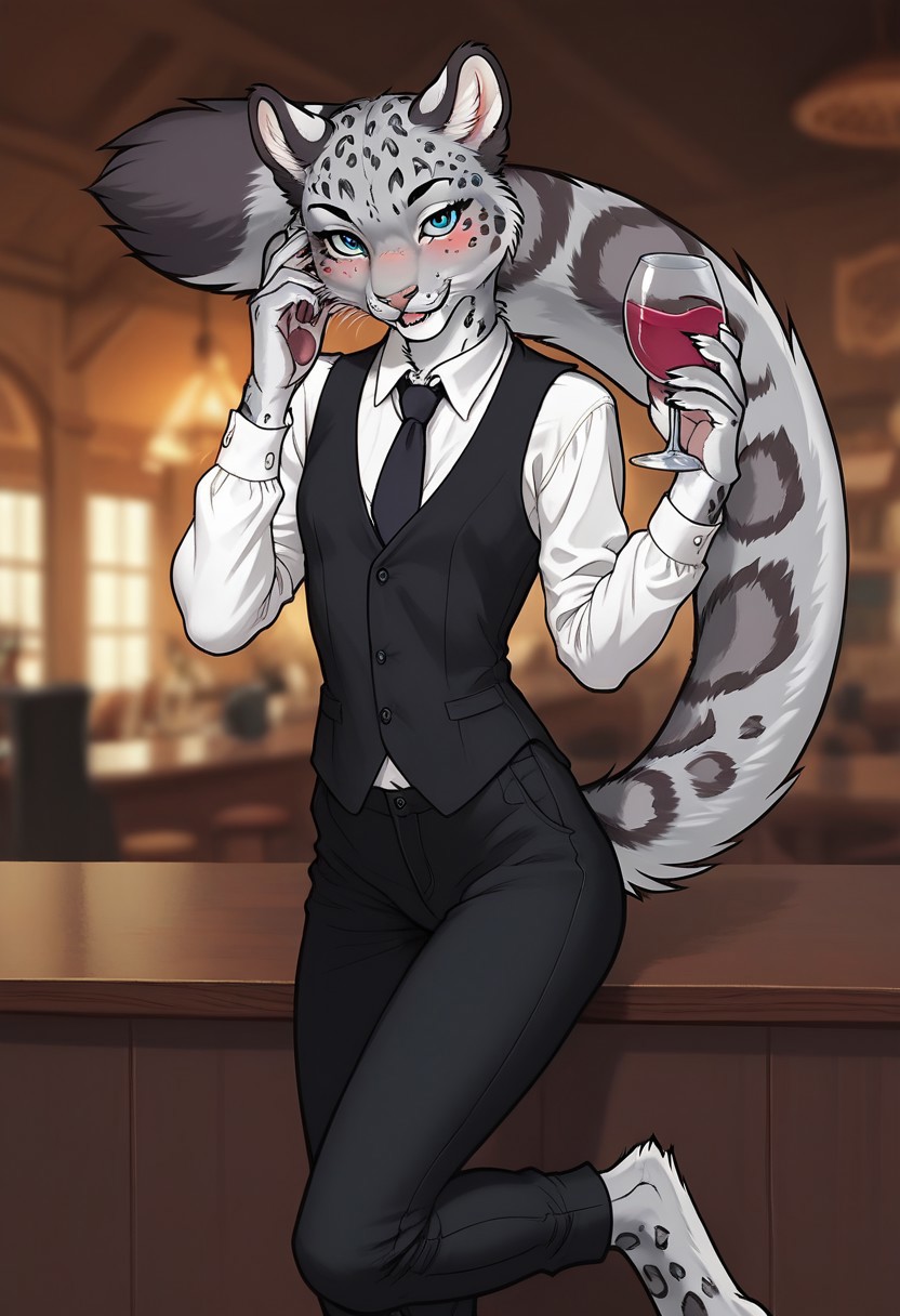 score_9, score_8_up, score_7_up, Furry female, Snow Leopard girl, Cute, Sexy, Petite, kawaii, photorealistic, photorealism, feral , 1girl, solo female, furry female, , furry snow_leopard, anthro snow_leopard, blue eyes, digitigrade legs , elegant, long fur, firm ass, whiskers, gray fur , snow_leopard fur, , fluffy tail, snow_leopard tail, black trousers, white shirt, tie, black vest, female holding a glass of wine, glass of wine , Beautiful Eyes, young anthro, flat chest, petite , short, Fluffy fur, fuzzy fur, Soft Fur, , looking at viewer, blush, nose blush, full-face blush, <lora:BlueFox Mix V6.5 VENISON 2>, feral, Screencap, legs, paws, seductive smile, at the bar, Score_9, score_8_up, score_7_up, score_6_up, source_anime