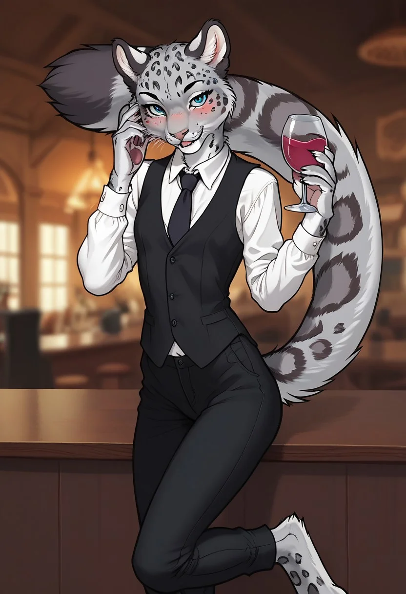 score_9, score_8_up, score_7_up, Furry female, Snow Leopard girl, Cute, Sexy, Petite, kawaii, photorealistic, photorealism, feral , 1girl, solo female, furry female, , furry snow_leopard, anthro snow_leopard, blue eyes, digitigrade legs , elegant, long fur, firm ass, whiskers, gray fur , snow_leopard fur, , fluffy tail, snow_leopard tail, black trousers, white shirt, tie, black vest, female holding a glass of wine, glass of wine , Beautiful Eyes, young anthro, flat chest, petite , short, Fluffy fur, fuzzy fur, Soft Fur, , looking at viewer, blush, nose blush, full-face blush, <lora:BlueFox Mix V6.5 VENISON 2>, feral, Screencap, legs, paws, seductive smile, at the bar, Score_9, score_8_up, score_7_up, score_6_up, source_anime