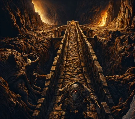 RAW photo, (masterpiece:1.3), subsurface scattering, heavy shadow, (high quality:1.4), (intricate, high detail:1.2), professional photography, HDR, High Dynamic Range, realistic, ultra realistic, photorealistic, high resolution, film photography, ambient lighting, atmospheric effects, <lora:detail_slider_v4:2>, OverallDetail, a dwarven warrior in intricate armor, on a stone (bridge) in underground cave, lava, fire, dwarven mine, Moria,  <lora:Bridge:0.66>, dwarfwarrior, <lora:DwarfWarrior:0.5>, looking at viewer, epiCPhoto