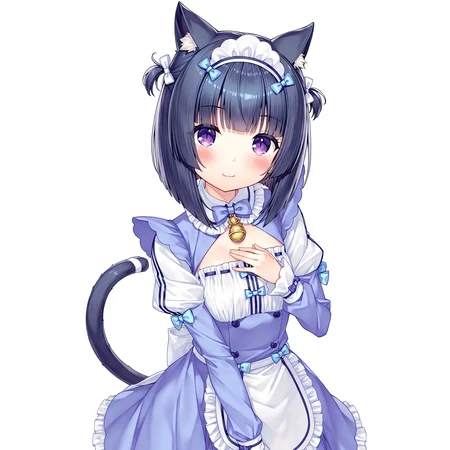 masterpiece, best quality, good quality, very awa, very aesthetic, absurdres, newest,shigure \(nekopara\), 1girl, solo, cat ears, tail, purple eyes, black hair, smile, white background, cat tail, blue dress, looking at viewer, bow, long sleeves, dress, maid headdress, frills, short hair, cat girl, closed mouth, maid, frilled apron, puffy sleeves, waist apron, blush, hair bow, hand on own chest,<lora:shigure_nekopara:0.8>