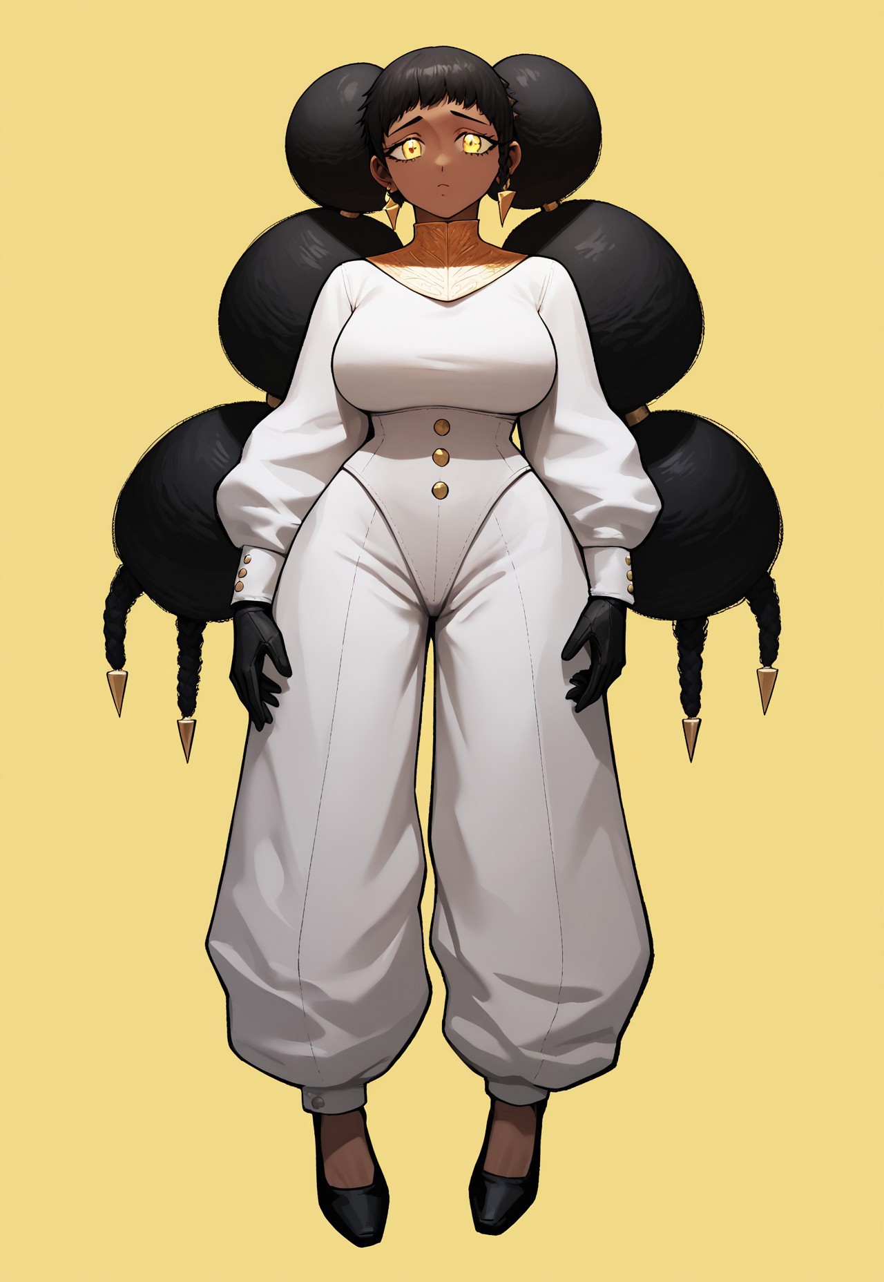 safe_pos, score_9, score_8_up, score_7_up, score_9,4k, HD, 8k, highres, masterpiece, best quality, cowboy shot, solo, 1girl, desscaras, dark-skinned female, very dark skin, yellow eyes, black hair, long hair, twintails, braid, bangs, hair buns, large breasts, earrings, jewelry, black gloves, white dress, baggy pants, black shoes, yellow background, no pose, looking at viewer, emotionless, beautiful eyes, full body, <segment:yolo-Anzhc Face seg 640 v2 y8n.pt,0.4,0.5//cid=1>