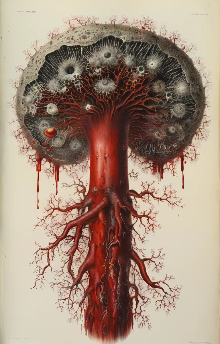 masterpiece,best quality,<lora:tbh248-sdxl:0.7>,illustration,style of Micrographia,spore,blood vessel