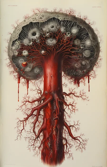 masterpiece,best quality,<lora:tbh248-sdxl:0.7>,illustration,style of Micrographia,spore,blood vessel