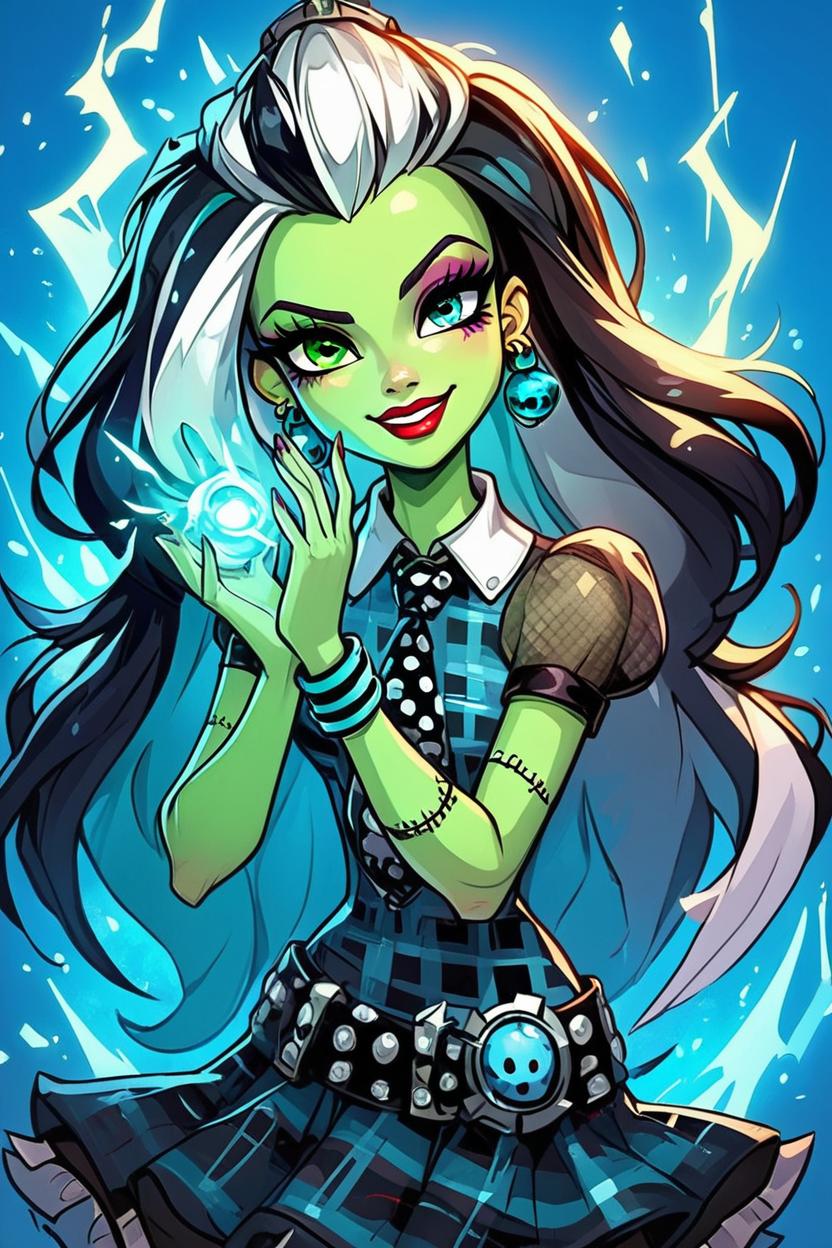 score_9, score_8_up, score_8, medium breasts, (curvy), cute, eyelashes,       BREAK, , zzFrankie, heterochromia, blue eyes, green eyes, multicolored hair, aqua skin, streaked hair, black hair, white hair, long hair,  stitches,  jewelry, earrings, makeup, lipstick, plaid dress, skirt, bracelet, <lora:Frankie_MH_PDXL:1.0>, , BREAK, embedding:zPDXL, Expressiveh, ,,, <lora:EnergyCAT:1.0>, solo, smile, looking at viewer, aura, blue sky, ,,, <lora:SDXLFaeTastic2400:0.5>, <lora:Expressive_H-000001:0.4>,