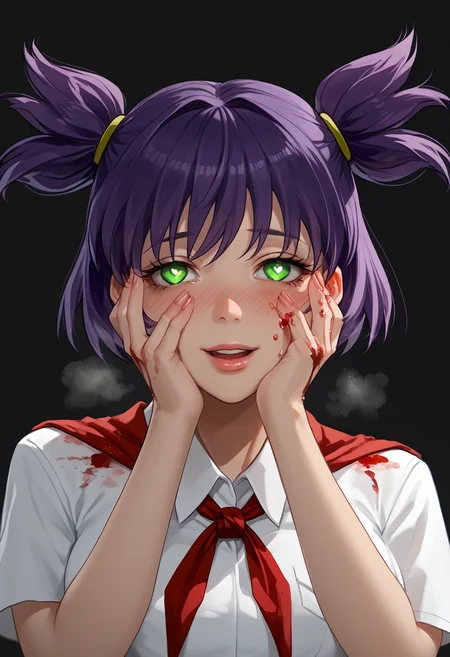 score_9, score_8_up, score_7_up,
best quality, masterpiece, ultra detailed,
162 cm height,
<lora:yandere_trance_v1_pruned:1>, yandere trance, close-up, hands on own face, open mouth, head tilt, close-up, blood on face, light smile, heavy blush blushing, looking down, Expressiveh, glowing eyes, heart-shape eyes, close-up, blood on face, blood on hands, excessive blood, steamy breath,
<lora:Expressive_H:1>
lips, nose,
looking at viewer, close, close-up, (from below:1.3), 2 hands, 2 arm,
<lora:Everlasting_Summer_Lena_by_GraffMetal_V1.2:1>, lena, purple hair, green eyes, short hair, short twintails, twintails, two side up, bangs, solo, large breasts,
white collared shirt, short sleeves, red neckerchief, neckerchief,
amazing background, simple background, black background,